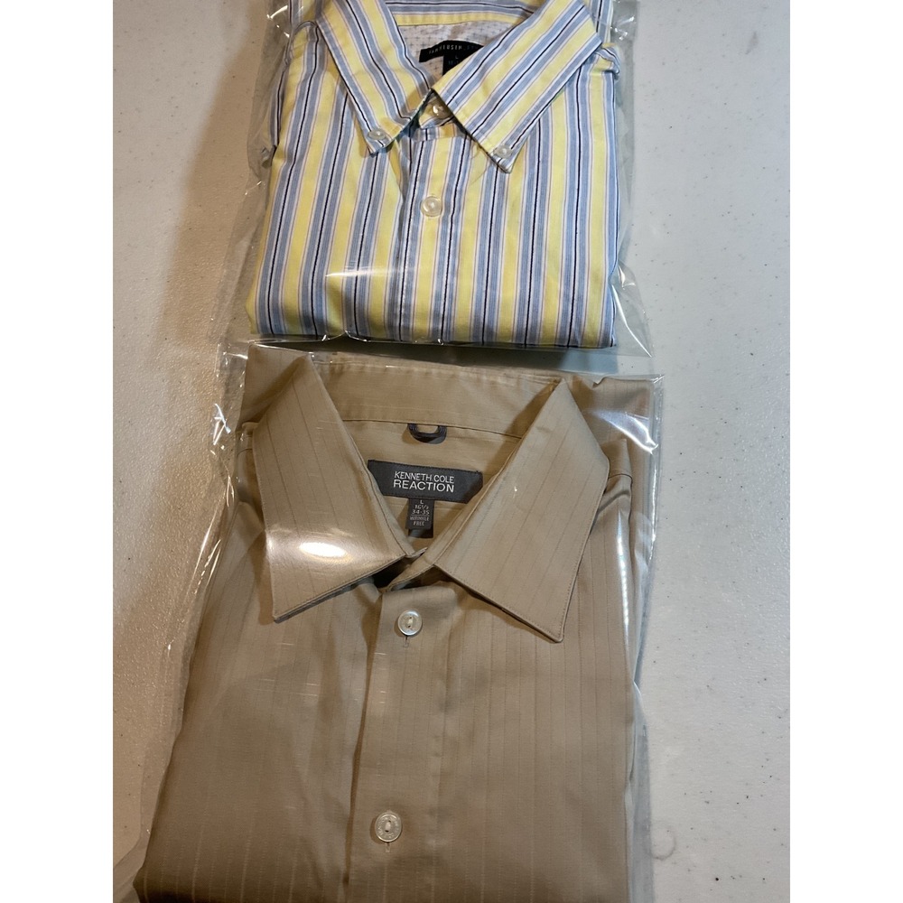 2 Items 1 Kenneth Cole Reaction‎ Mens Large 16.5 34-35 Tan Striped Wrinkle Free